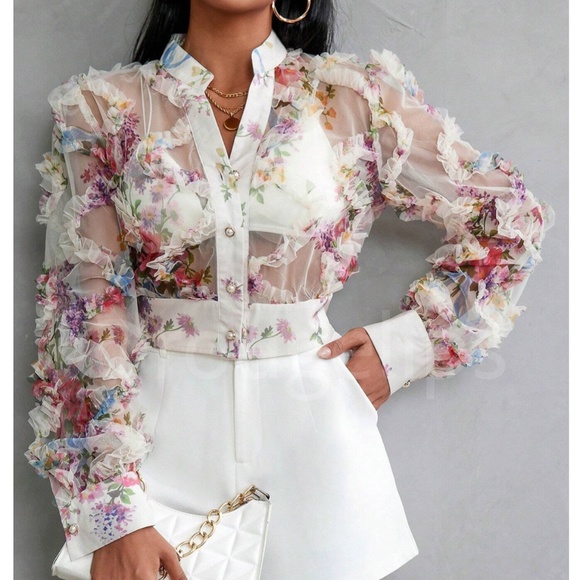 Off White Sheer Floral Ruffle Textured Crop Button Up Blouse Shirt Top - Picture 1 of 11